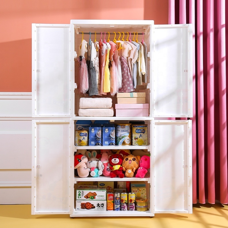 Cartoon design double door open 65cm baby plastic clothes wardrobe hanging and shelf type 2 Layer clothes storage cabinet