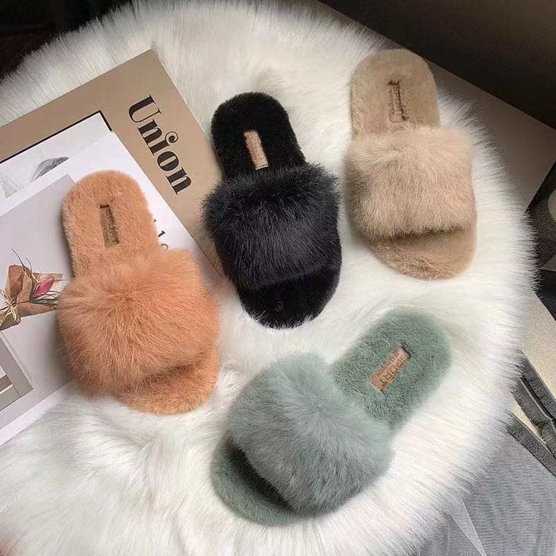 2021 Luxury and comfort fluffy slippers flat plush faux fur open toe slides, indoor bedroom house women fur slides