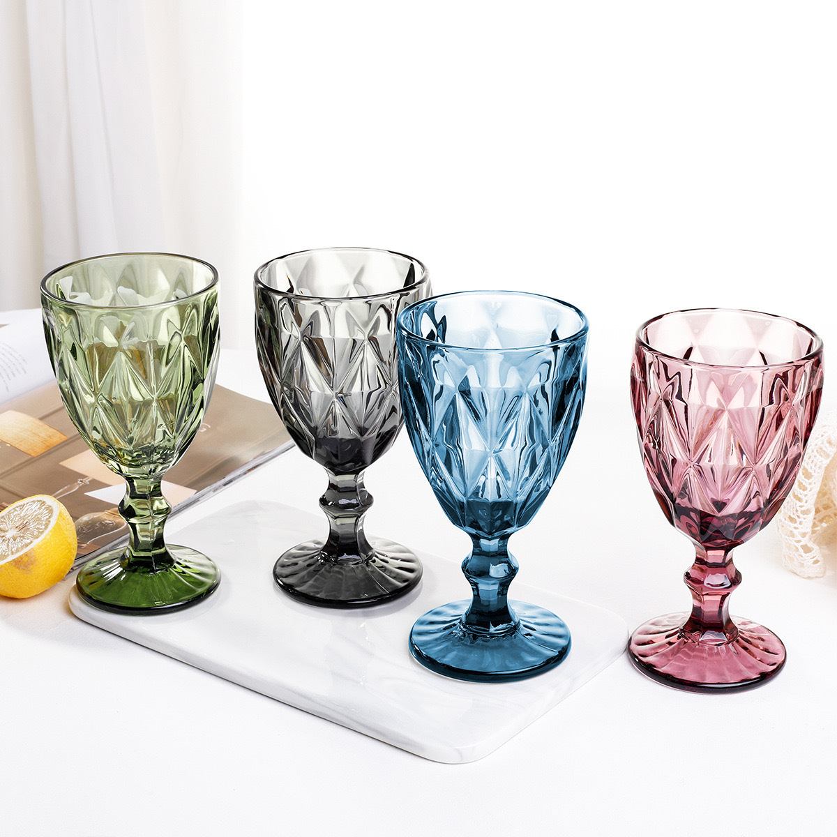 Embossed Design Pink Blue Diamond goblets Drinking Wedding Champagne Goblet Colored Wine Glass Cup Goblets