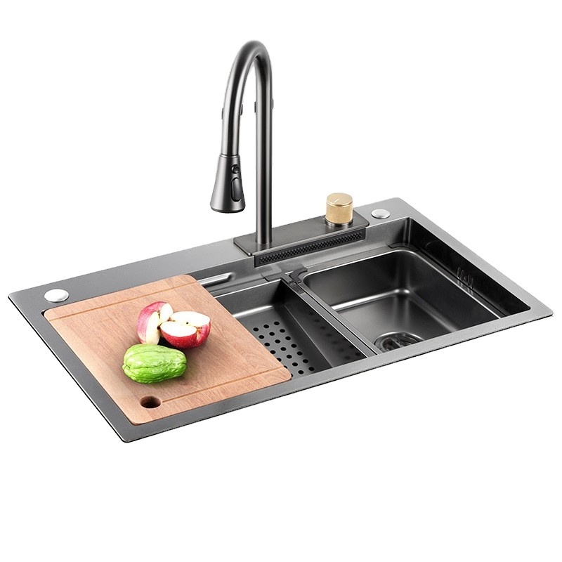 Stainless Steel Smart Kitchen Waterfall Sink Supplier Splash Guard Hand Sinks Equipped With Kitchen Accessories And Cutting Boar