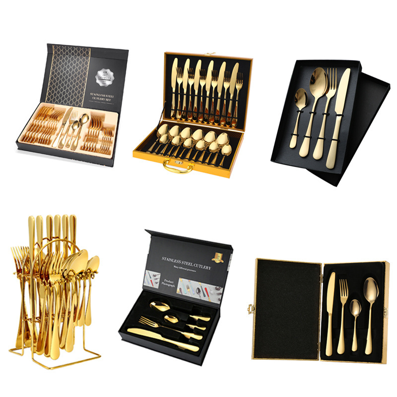 Restaurant flatware set spoons fork knife stainless steel gold cutlery