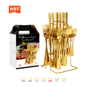 Luxury Royal 24 Piece Gold Flatware Stainless Steel Spoon And Fork Set 24pcs Cutlery Set With Rack