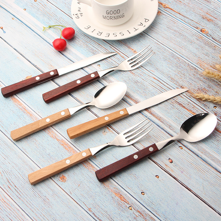 stainless steel silver restaurant hotel spoon fork flatware set with wooden handle