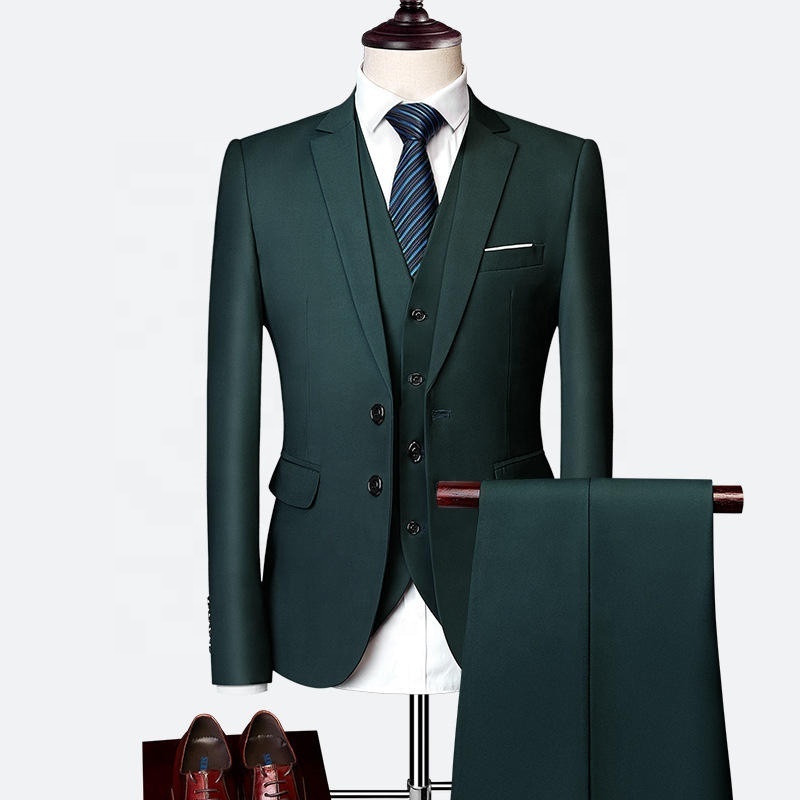 Solid Color Three Pieces Suit Coat Vest Pant Business Men'S Slim Fits Suits Green  Mens Wedding Suit For Men