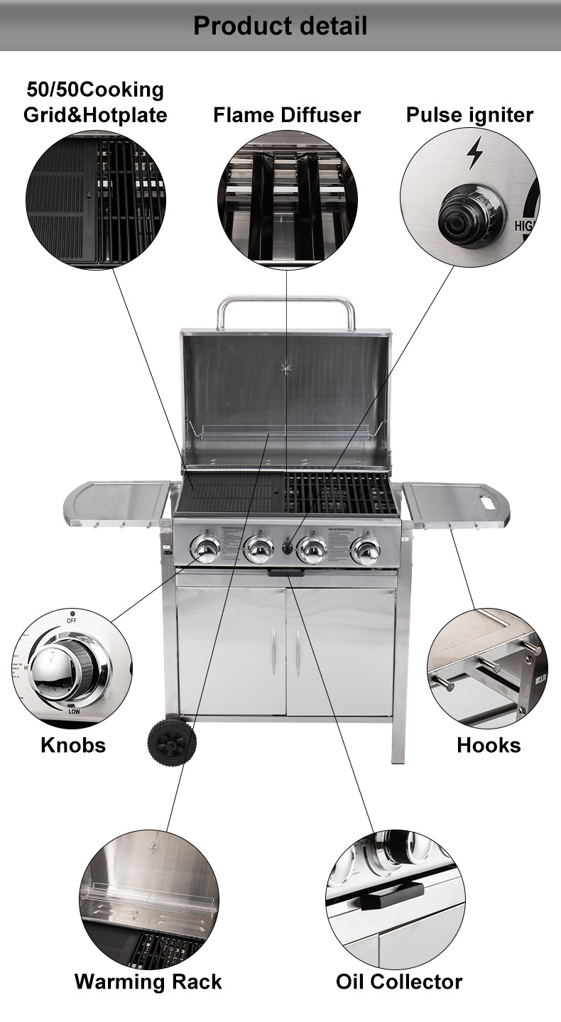 Portable 4 burner stainless steel high quality cast iron grid SS igniter durable backyard outdoor party family BBQ Gas Grill