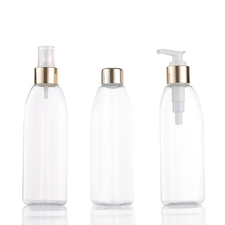 Delicate Transparent PET Plastic Bottle With Gold-plated Shoulder Cover, Body Lotion Shower Gel Shampoo Cleanser Packaging