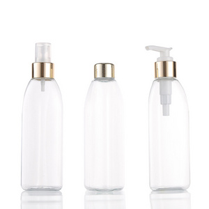 Delicate Transparent PET Plastic Bottle With Gold-plated Shoulder Cover, Body Lotion Shower Gel Shampoo Cleanser Packaging