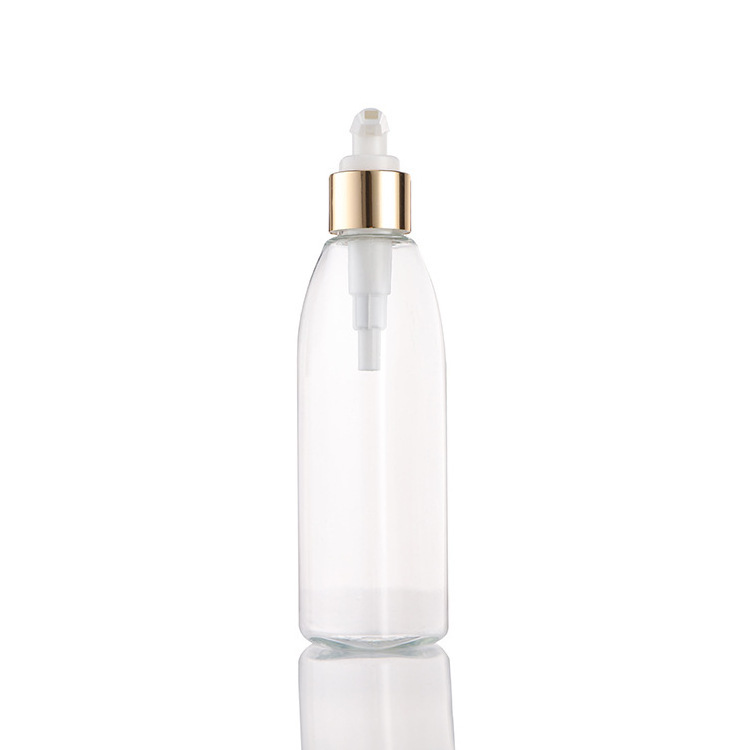 Delicate Transparent PET Plastic Bottle With Gold-plated Shoulder Cover, Body Lotion Shower Gel Shampoo Cleanser Packaging