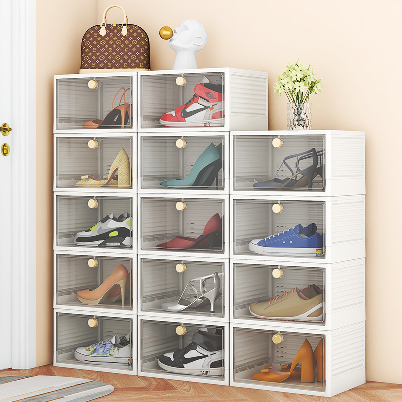 Modern design plastic shoe box home decor racks plastic foldable box shoe box storage stackable organizer