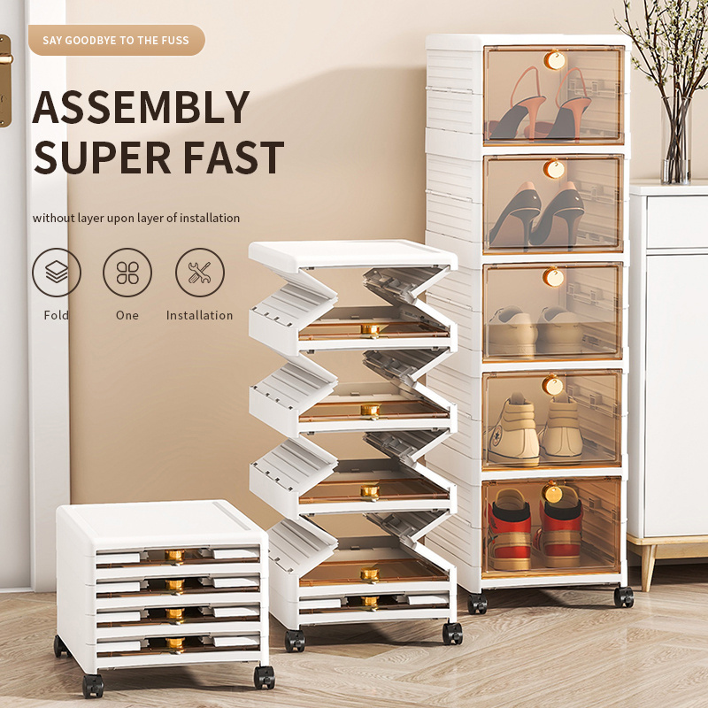 Factory OEM 4Layers Foldable Plastic Shoe Storage Boxes With Wheels Stackable Closet Organizer