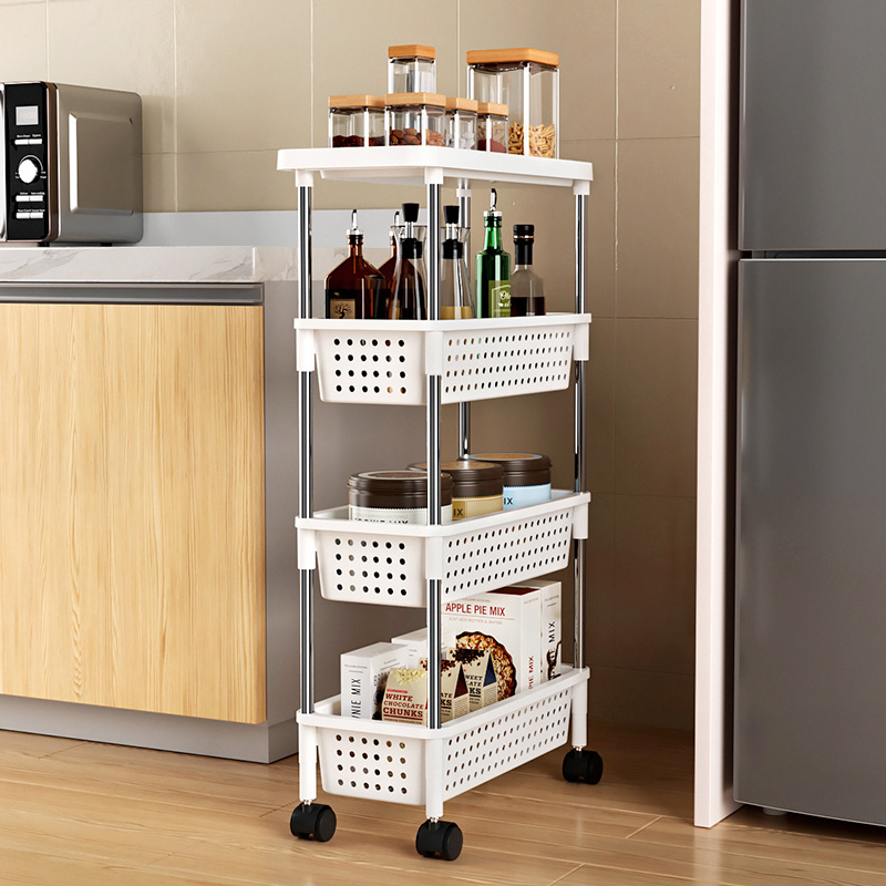 4 Tier Mobile Shelving Unit Organizer with Casters Wheels Slim Kitchen Storage Racks with Basket