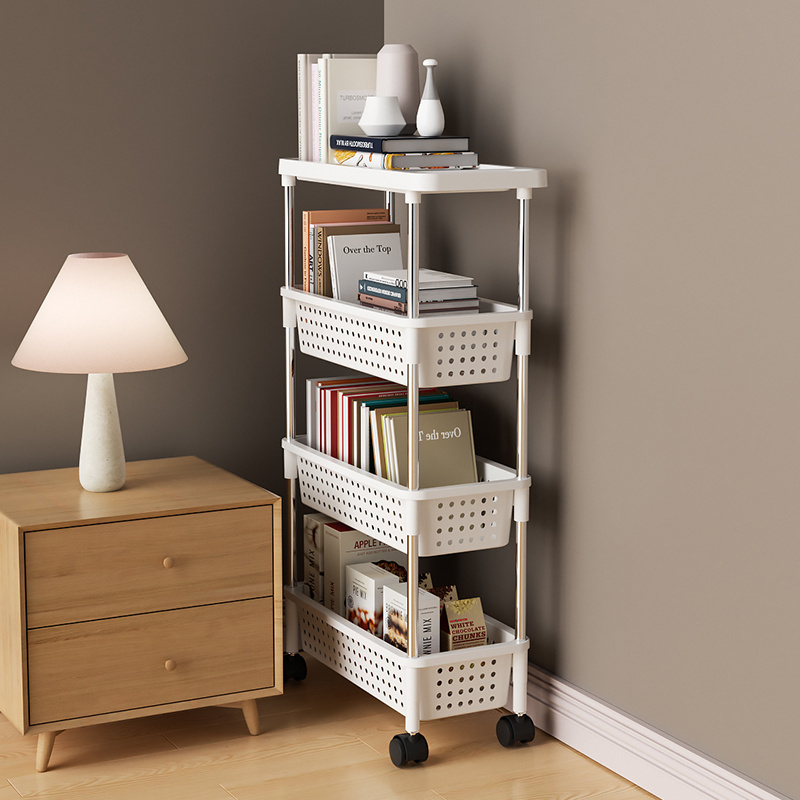 4 Tier Mobile Shelving Unit Organizer with Casters Wheels Slim Kitchen Storage Racks with Basket