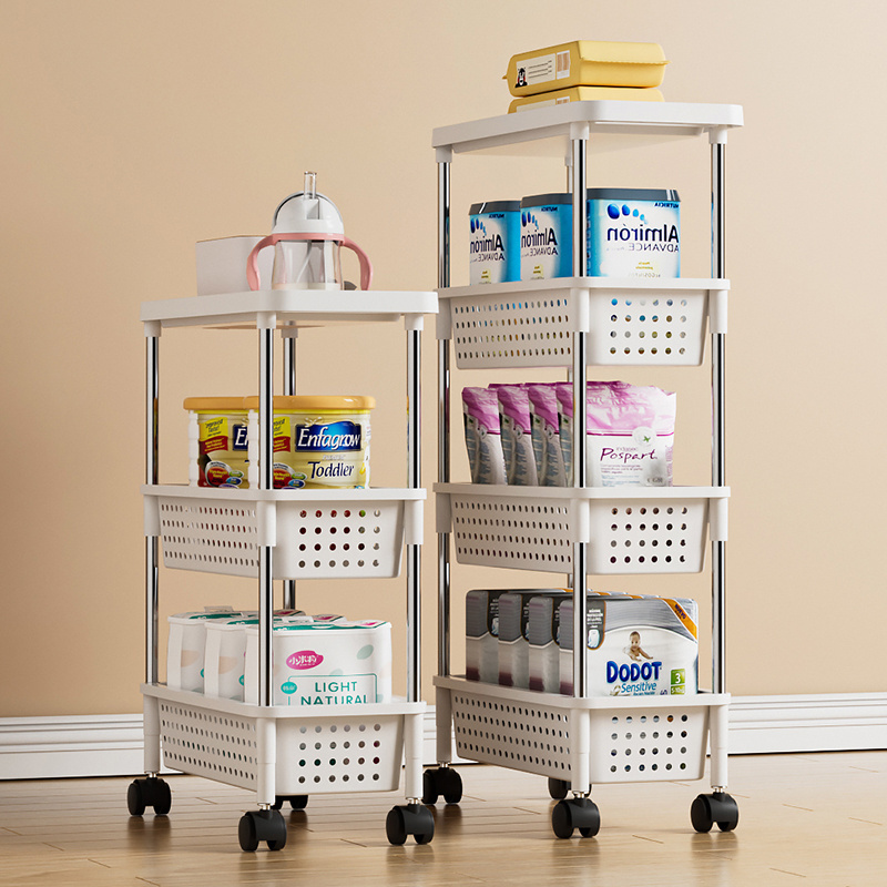 4 Tier Mobile Shelving Unit Organizer with Casters Wheels Slim Kitchen Storage Racks with Basket