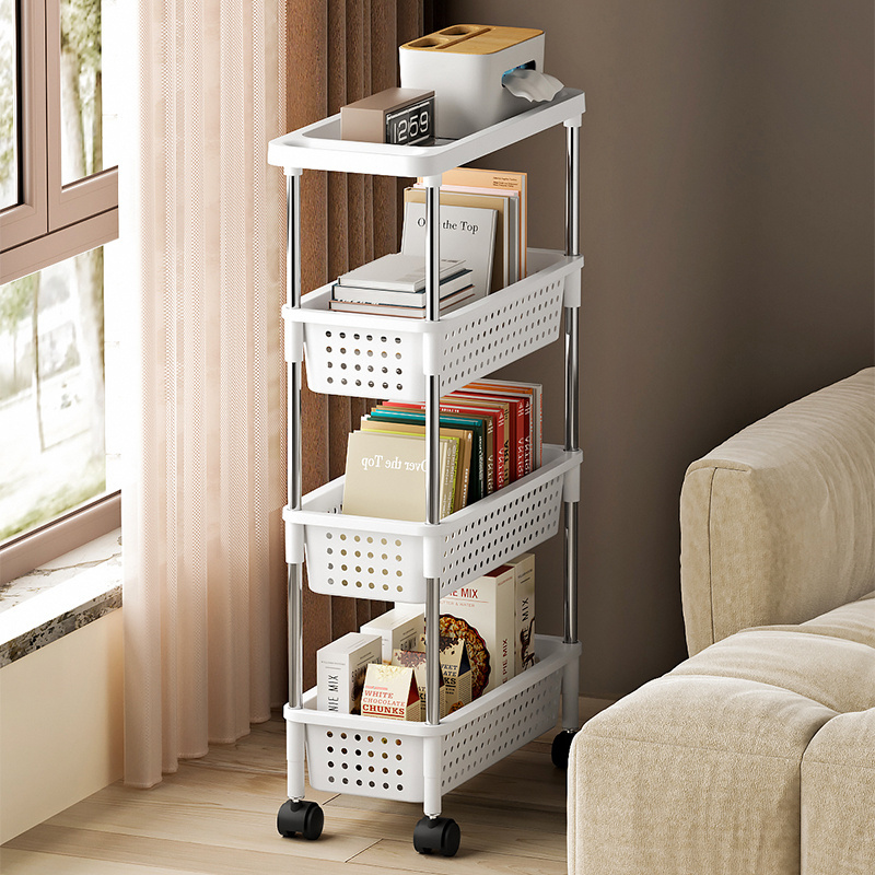 4 Tier Mobile Shelving Unit Organizer with Casters Wheels Slim Kitchen Storage Racks with Basket