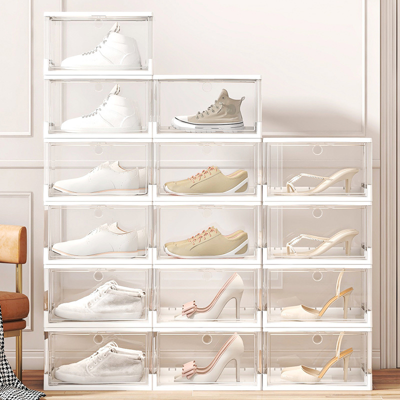 Magnetic Door Design Stackable Plastic Folding Shoe Box 4Layers Transparent Home Storage Display Stackable Shoe Rack