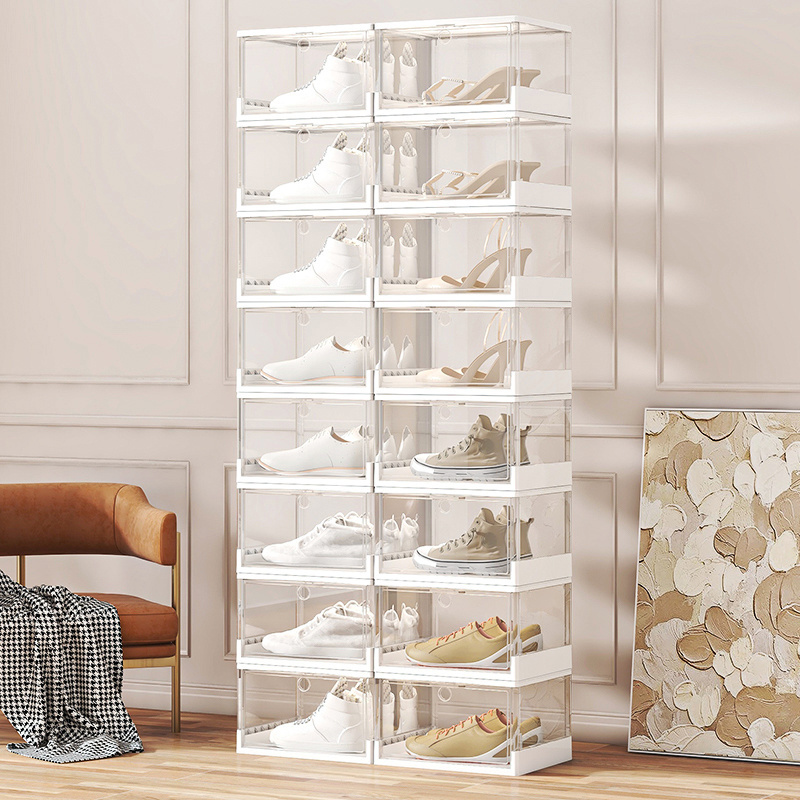 Magnetic Door Design Stackable Plastic Folding Shoe Box 4Layers Transparent Home Storage Display Stackable Shoe Rack