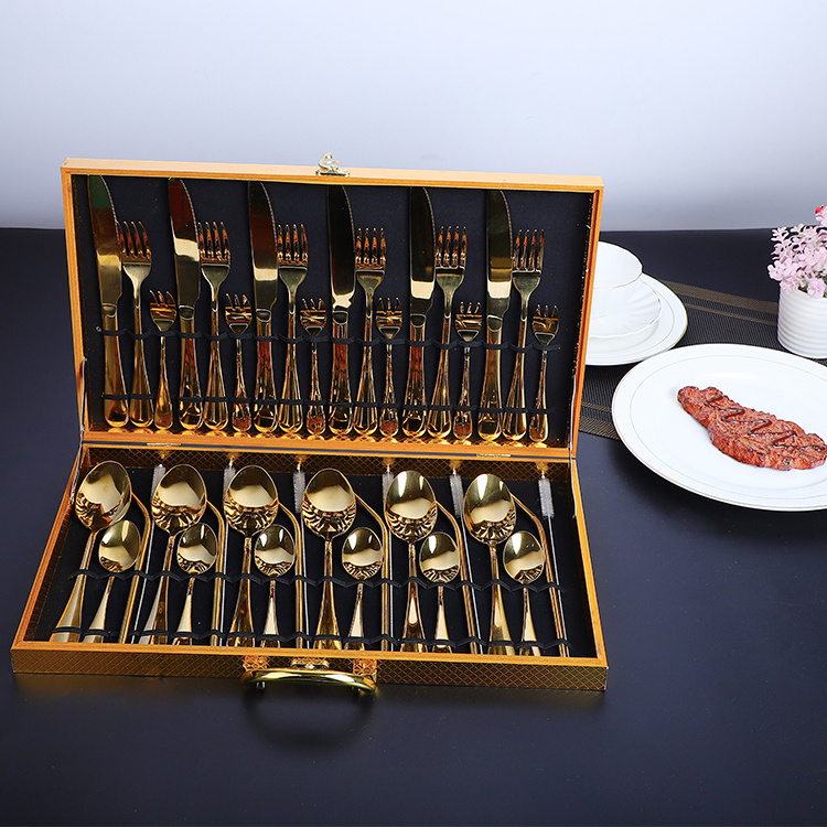 42-PieceS  Gold Flatware Silverware Set Stainless Steel Tableware Eating Utensils Cutlery Set Laser Bag Party