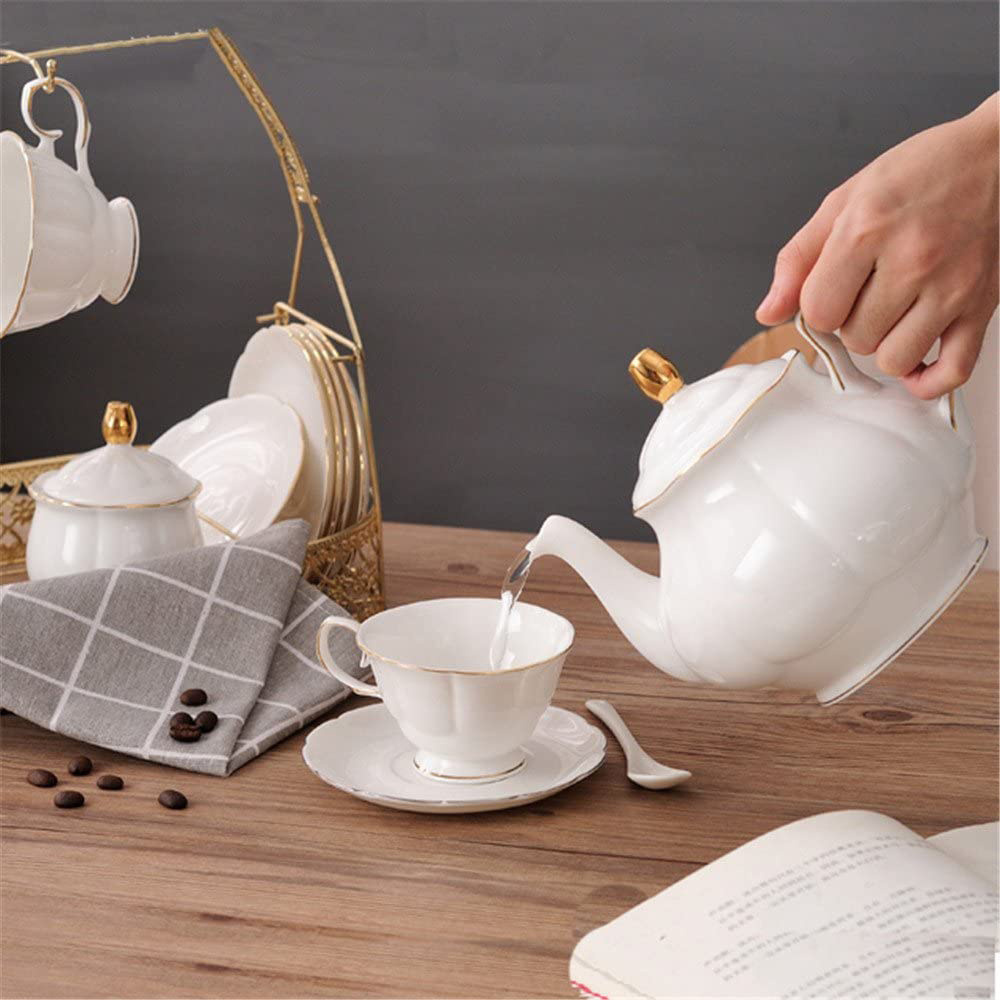 New arrival modern home restaurant afternoon porcelain tea pot and cup luxury gold rim white ceramic tea sets