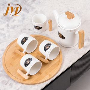 Middle East Best-selling White Black Dark Blue Teapot And Cups Gift Set Ceramic Tea Sets With Wood Handle Tray