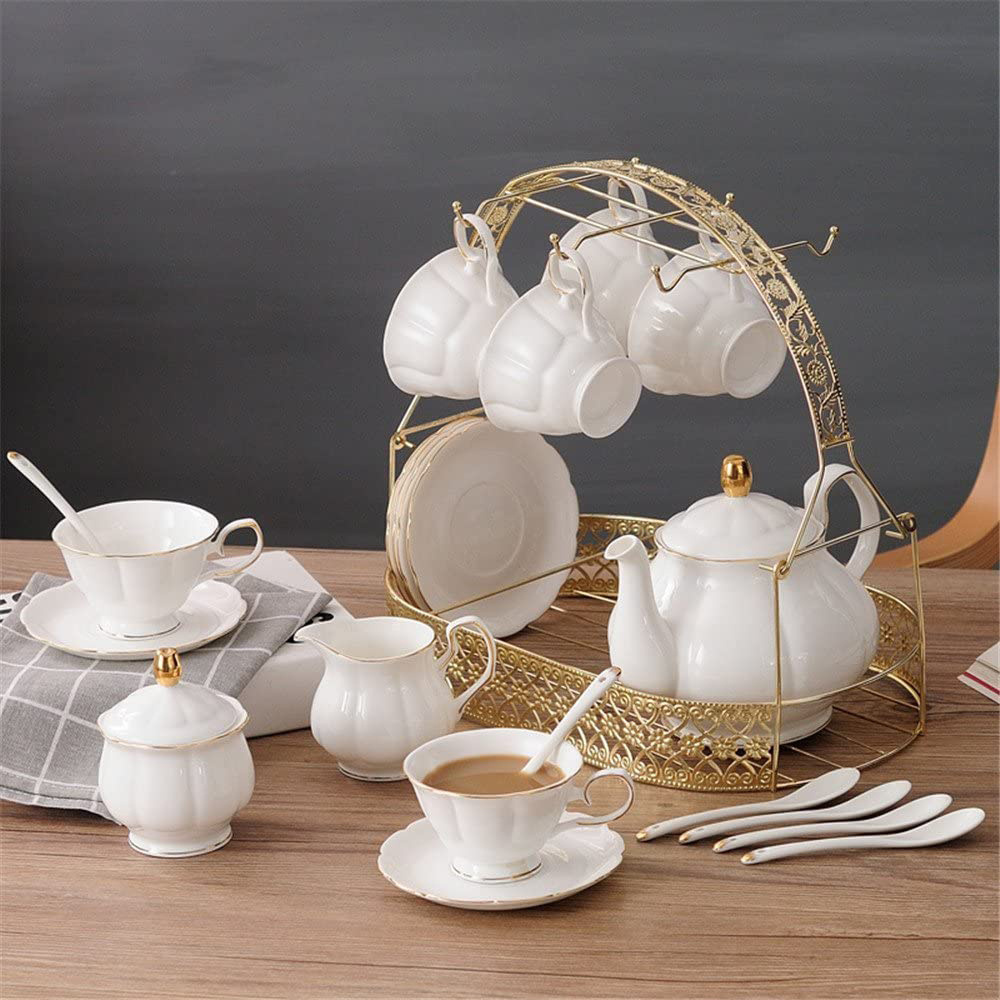 New arrival modern home restaurant afternoon porcelain tea pot and cup luxury gold rim white ceramic tea sets