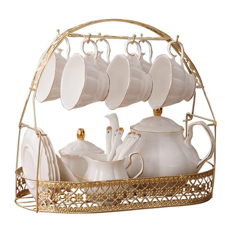 New arrival modern home restaurant afternoon porcelain tea pot and cup luxury gold rim white ceramic tea sets