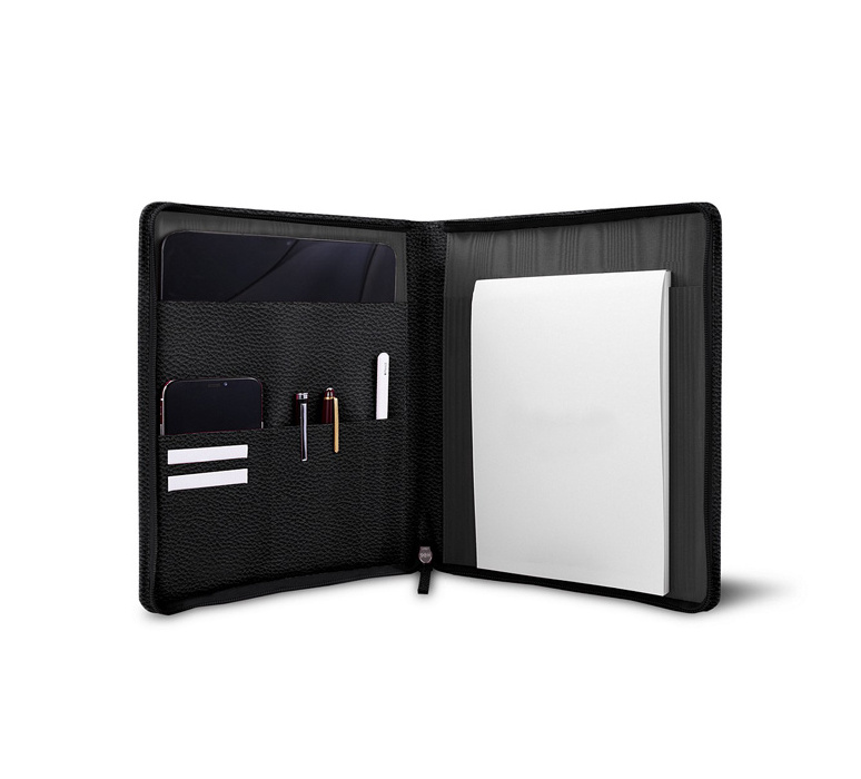 High quality genuine leather conference portfolio zipped document folder tablet padfolio with A5 notepad