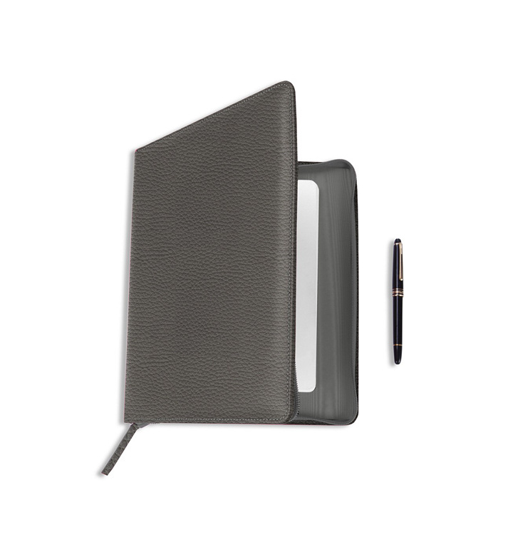 High quality genuine leather conference portfolio zipped document folder tablet padfolio with A5 notepad