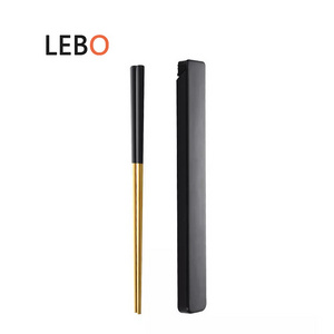 wholesale black gold reusable stainless steel chop sticks chopsticks with box