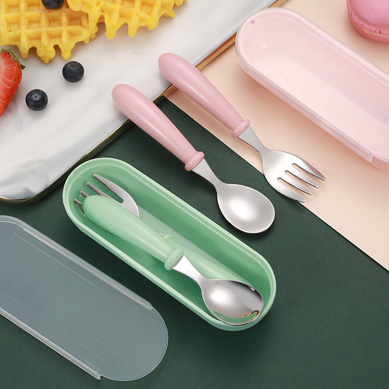 304 stainless steel children's portable flatware box fork spoon baby baby food supplement spoon meal training flatware with box