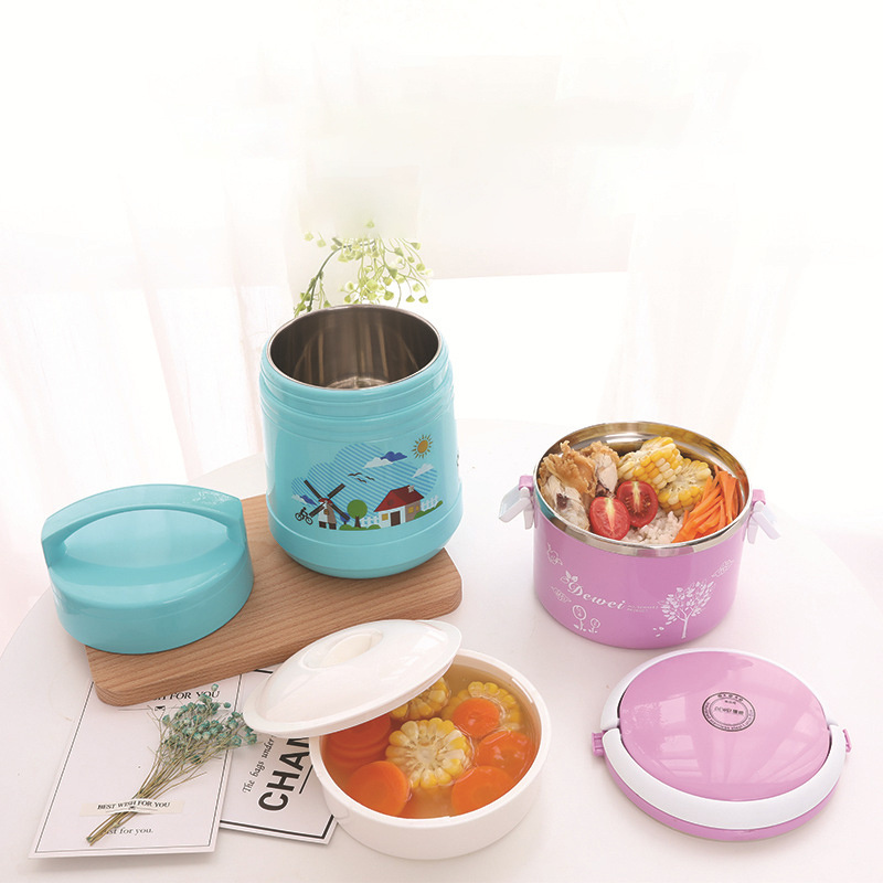 Portable Heat Proof Cute Round Kids Leak Proof Keep Warm Food Grade Stainless Steel Lunch Box Bento With Handle