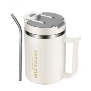 Customizable Double Wall Travel 16oz/500ml Mug Plastic And Stainless Steel Milk Coffee Cup With Spoon For Adults