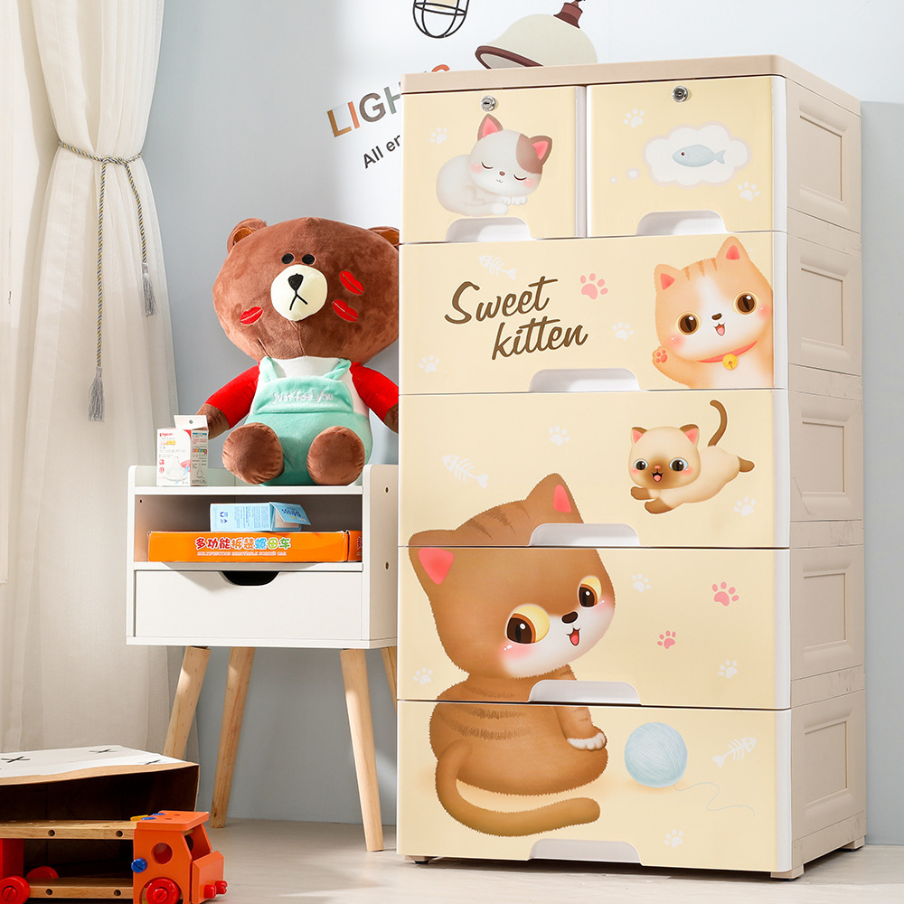 Portable Modern Cute Animal Design Organizer Storage Cabinet Closet Kids' Cabinets with Pulleys for Children