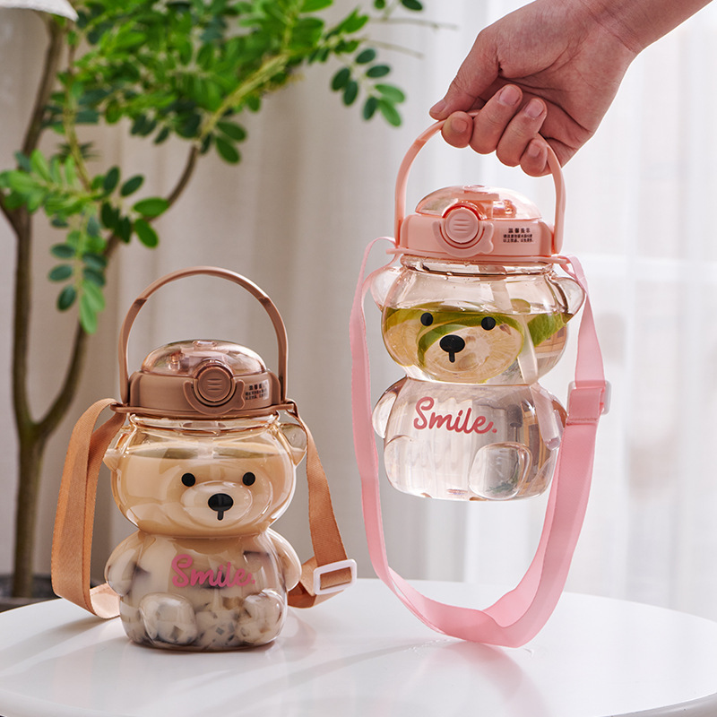 Kids Gift 32oz Portable Travel Plastic Water Bottle Customized Cute Bear Shape Kids Water Bottle With Straw And Strap