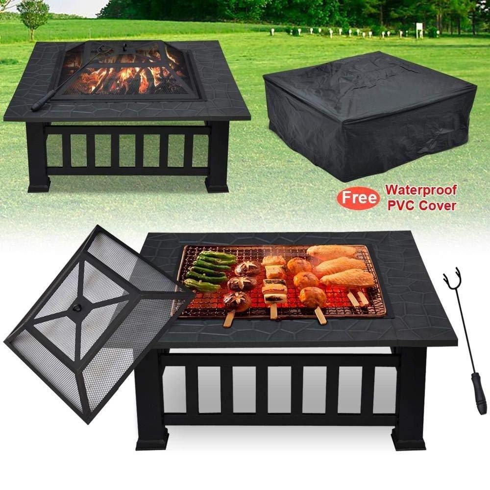 32 inch Outdoor Garden Fire Place Square Backyard Fire pit with Cover Black