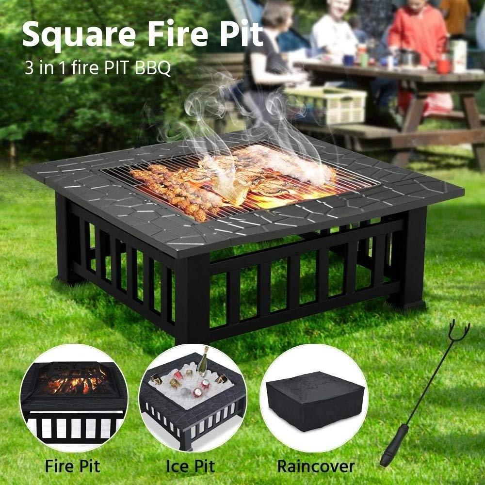 32 inch Outdoor Garden Fire Place Square Backyard Fire pit with Cover Black