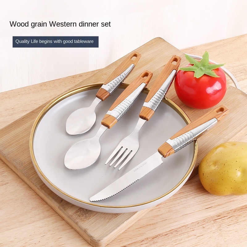 Wood Grain 410 Stainless Steel Cutlery Knife Fork Spoon  Set Tableware Dinnerware Wholesale 24pcs Flatware Sets