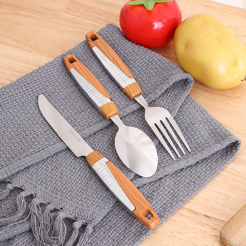 Wood Grain 410 Stainless Steel Cutlery Knife Fork Spoon  Set Tableware Dinnerware Wholesale 24pcs Flatware Sets