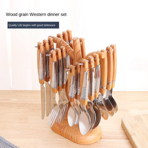 Wood Grain 410 Stainless Steel Cutlery Knife Fork Spoon  Set Tableware Dinnerware Wholesale 24pcs Flatware Sets