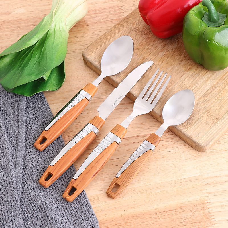 Wood Grain 410 Stainless Steel Cutlery Knife Fork Spoon  Set Tableware Dinnerware Wholesale 24pcs Flatware Sets