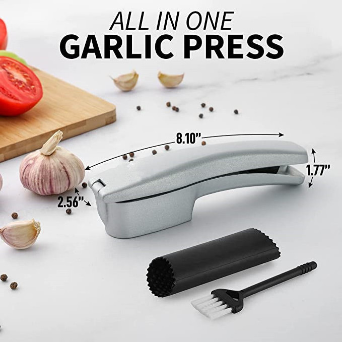 Garlic Press 2 In 1 Set Garlic Press Rocker Stainless Steel Garlic Mincer With Cleaning Brush & Silicone