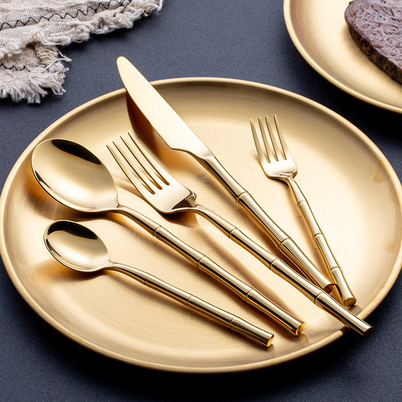 Light Luxury 304 Stainless Steel Tableware Thickening Bamboo Handle Dinnerware Knife Fork Spoon Flatware 5pcs Cutlery Set