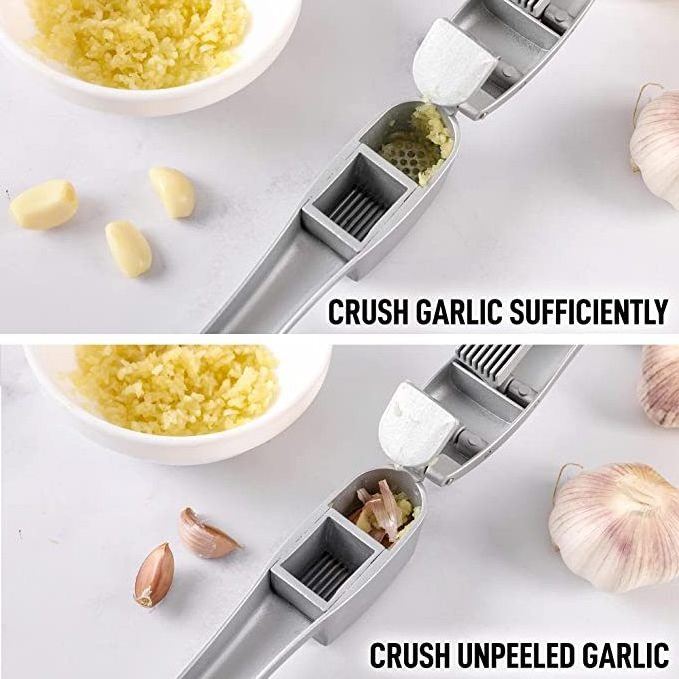 Garlic Press 2 In 1 Set Garlic Press Rocker Stainless Steel Garlic Mincer With Cleaning Brush & Silicone