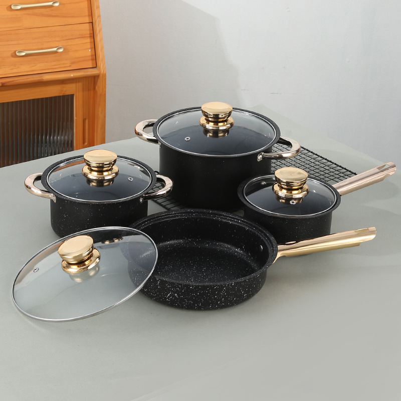 Export 8-Piece Stainless Steel Non-Stick Cookware Thick Soup Pot Milk Pot Frying Pan Gold-Plated Handle Cookware Kitchenware