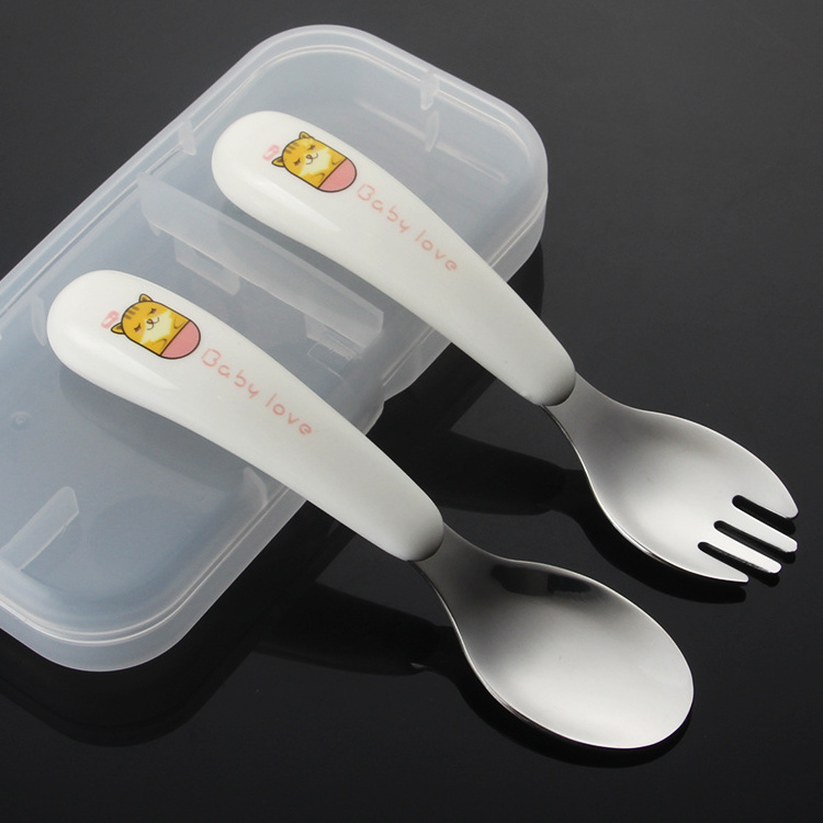 high quality lovely baby fork and spoon set stainless steel 304 baby fork and spoon with pp handle silver baby spoon