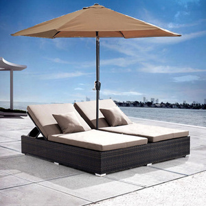 Swimming Pool Beach Bed Recliner Hotel Courtyard Rattan Double Sun Lounger With Umbrella