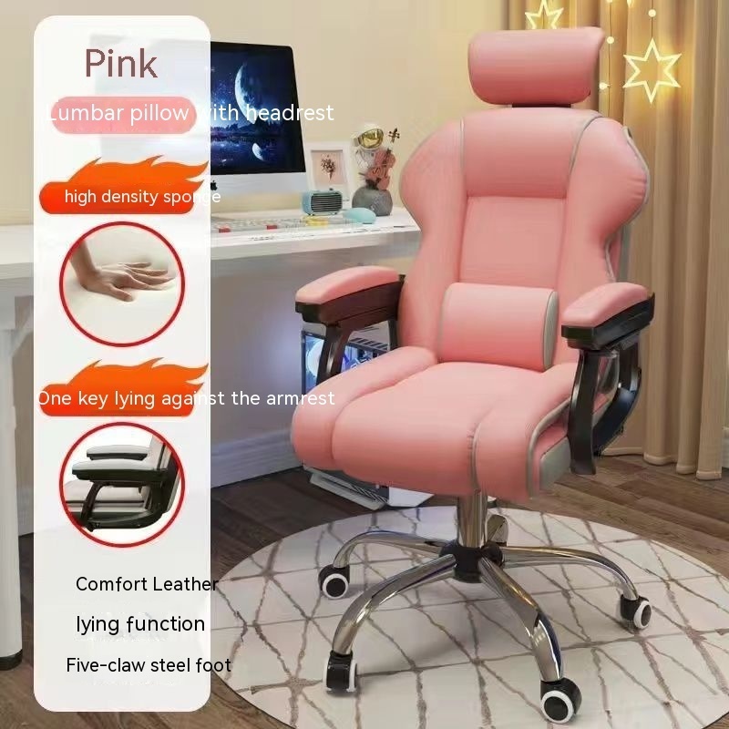 PU Leather Ergonomic Computer Chair Tiltable 135 Degree Gaming Chair with Footrest Black and Pink pc Chair