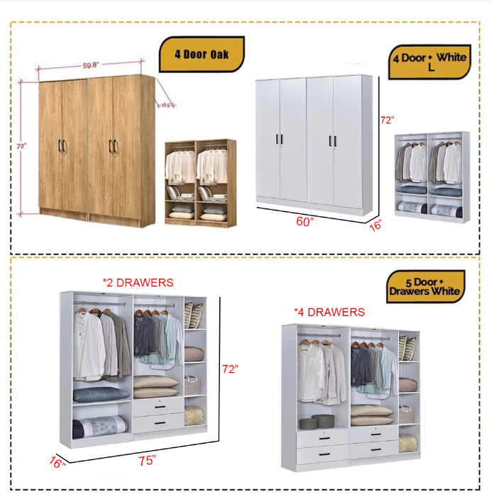 Bedroom Closet 1/2/3/4/5 Doors Wood Wardrobe Cabinet Wardrobe clothes organizer with Drawers