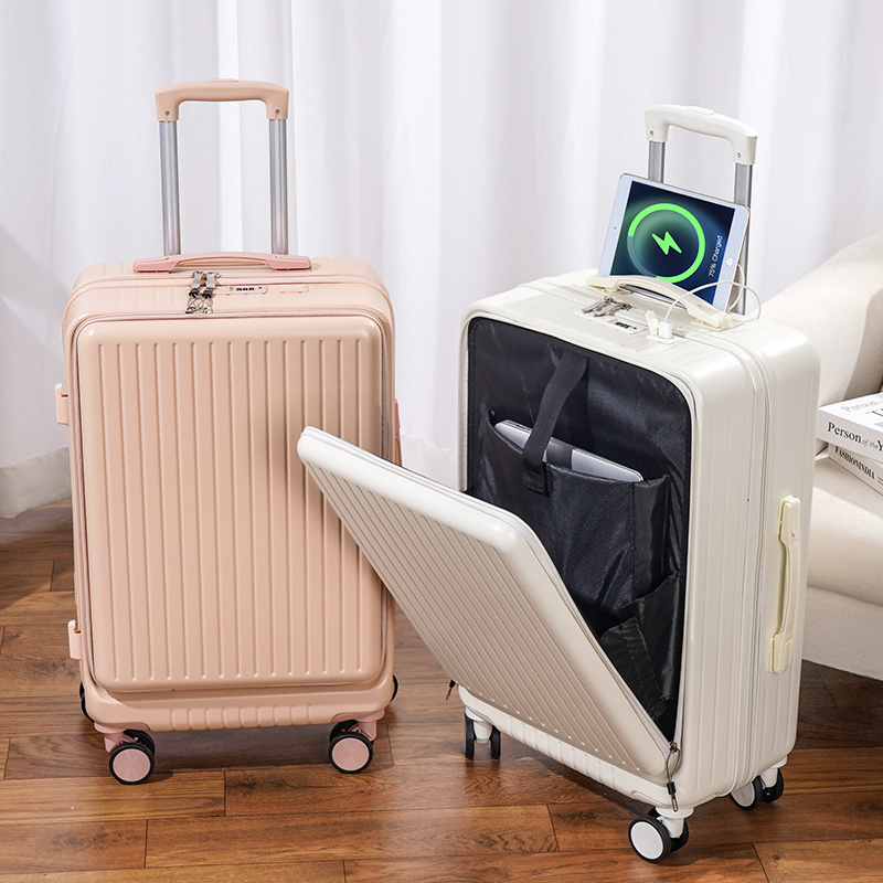 JINYI Multifunction Front Open Luggage with Laptop Cup Holder USB Charging Port Trolley Travel ABS PC Suitcase Sets