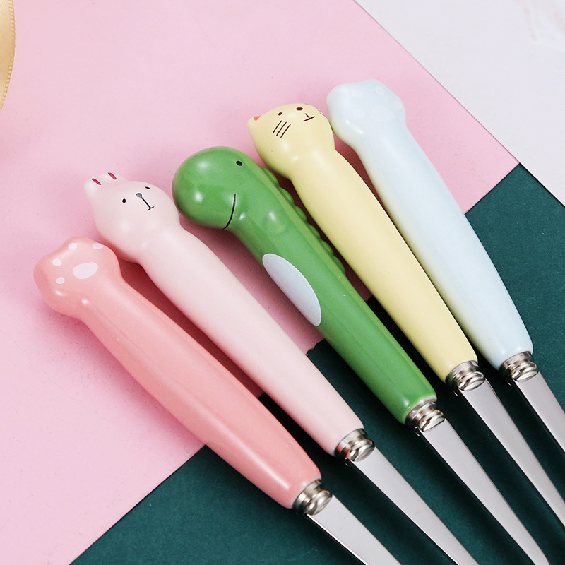 Children Cutlery Customization Logo Design Cartoon Ceramic Handle Stainless Steel Fork And Spoon