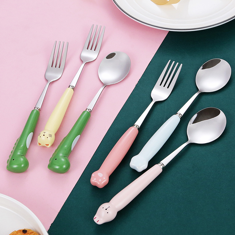 Children Cutlery Customization Logo Design Cartoon Ceramic Handle Stainless Steel Fork And Spoon